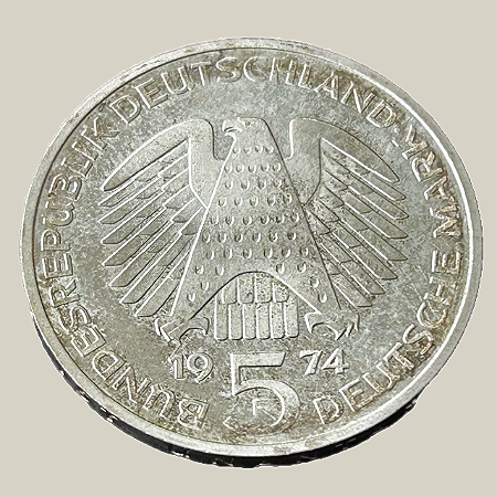 Moeda de prata, 5 Deutsche Mark (1974F) – República Federal da Alemanha (Grundgesetz)
