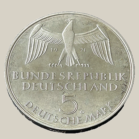 Moeda de prata, 5 Deutsche Mark (1971G) – República Federal da Alemanha (100 Anos)