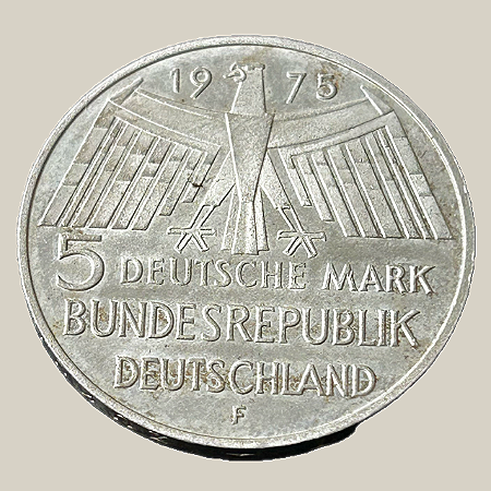 Moeda de prata, 5 Deutsche Mark (1975F) – República Federal da Alemanha (Denkmalschutzjahr)