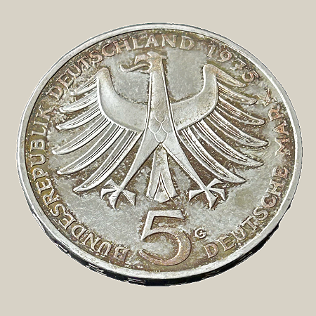 Moeda de prata, 5 Deutsche Mark (1975G) – República Federal da Alemanha (Albert Schweitzer)