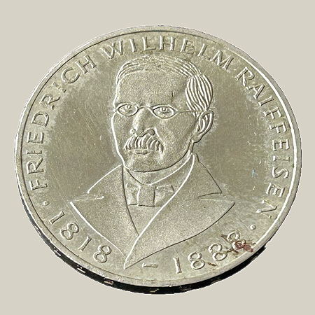 Moeda de prata, 5 Deutsche Mark (1968J) – República Federal da Alemanha (Raiffeisen)