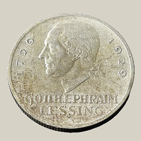 Moeda de prata, 3 Reichsmark (1929A) – República de Weimar (Lessing)