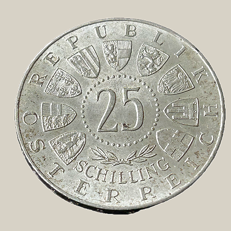 Moeda de prata, 25 Schilling (1962) – Áustria (Anton Bruckner)