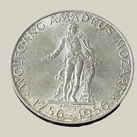 Moeda de prata, 25 Schilling (1956) – Áustria (Mozart)