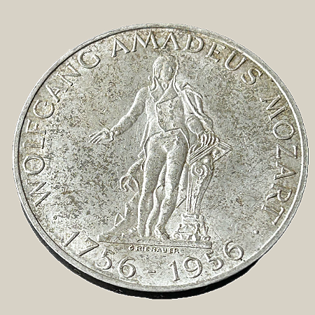 Moeda de prata, 25 Schilling (1956) – Áustria (Mozart)