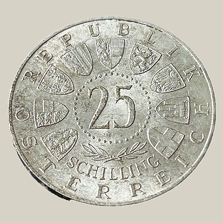 Moeda de prata, 25 Schilling (1958) – Áustria (Welsbach)