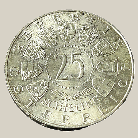 Moeda de prata, 25 Schilling (1958) – Áustria (Welsbach)