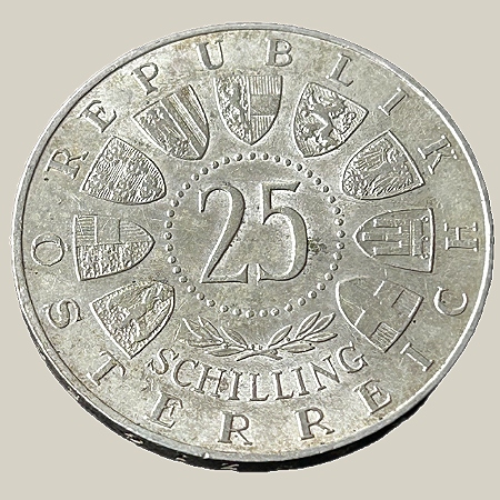 Moeda de prata, 25 Schilling (1958) – Áustria (Welsbach)