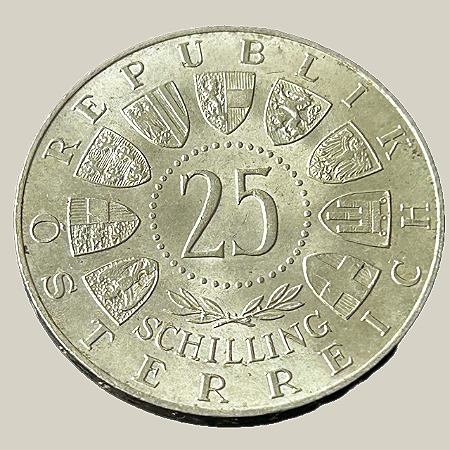 Moeda de prata, 25 Schilling (1958) – Áustria (Welsbach)