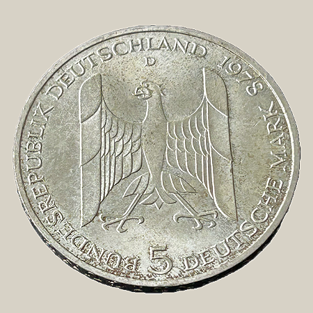 Moeda de prata, 5 Deutsche Mark (1978D) – República Federal da Alemanha (Gustav Stresemann)