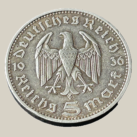 Moeda de prata, 5 Reichsmark (1936F) – Alemanha Nazista (Hindenburg)