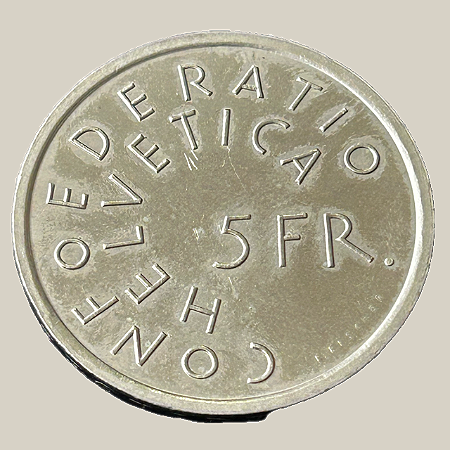 Moeda de níquel, 5 Francs (1975) – Suíça (Architectural Heritage)