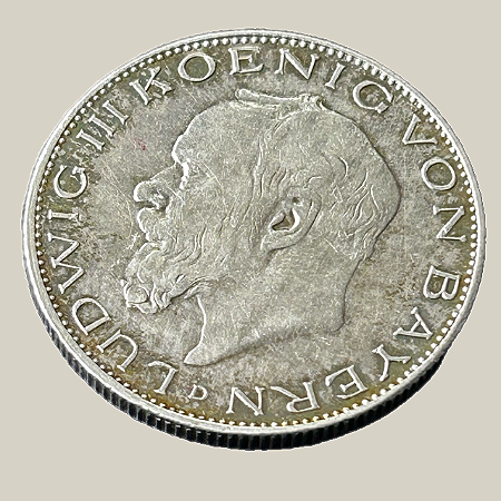 Moeda de prata, 2 Mark (1914D) – Reino da Baviera (Império Alemão: Ludwig III)
