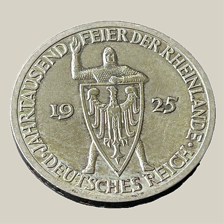 Moeda de prata, 3 Mark (1925A) – República de Weimar (Comemorativa: 1000 Anos da Renânia)