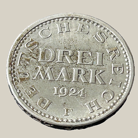 Moeda de prata, 3 Mark (1924F) – República de Weimar