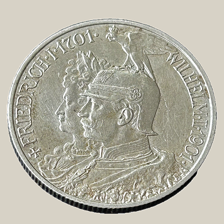 Moeda de prata, 2 Mark (1901A) – Reino da Prússia (Comemorativa: 200º Aniversário do Reino)