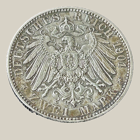 Moeda de prata, 2 Mark (1901A) – Reino da Prússia (Comemorativa: 200º Aniversário do Reino)