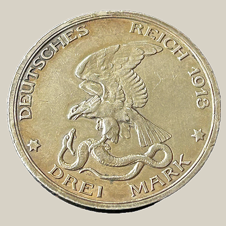 Moeda de prata, 3 Mark (1913) – Reino da Prússia (Comemorativa: Centenário da Guerra de Libertação)