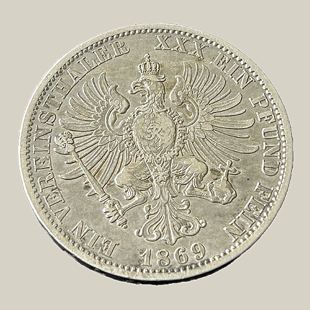 Moeda de prata, 1 Vereinsthaler (1869A) – Reino da Prússia (Guilherme I)