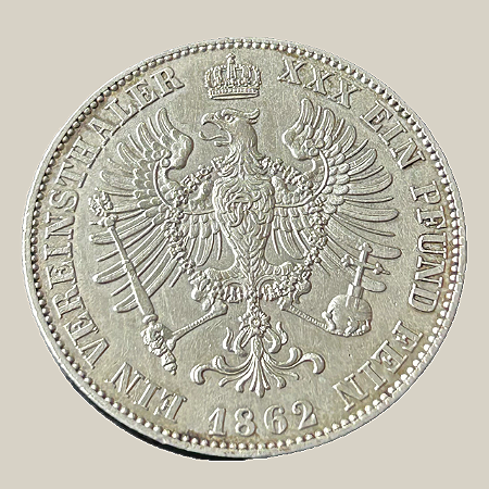 Moeda de prata, 1 Vereinsthaler (1862A) – Reino da Prússia (Guilherme I)