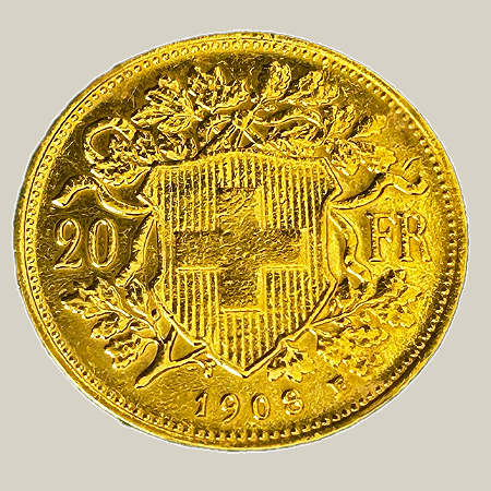 Moeda de ouro, 20 Francos (1908B), Suíça