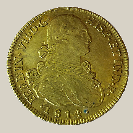 Moeda de ouro, 8 Escudos (1814), Chile, busto de Carlos IV