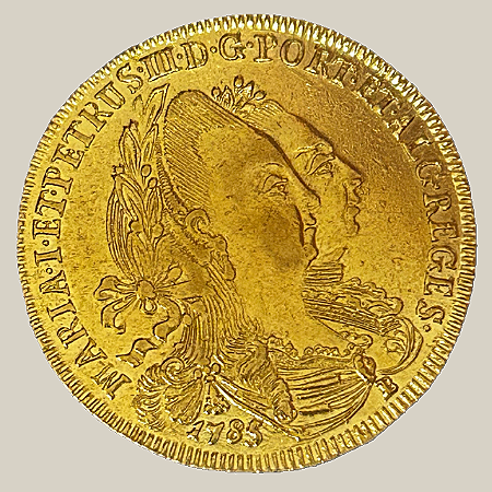 Moeda de ouro, 6.400 Réis (1785 B), Brasil Colônia, Maria I e Pedro III