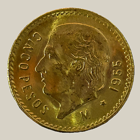 Moeda de ouro, 5 Pesos, México, 1955 M (Reestrike)