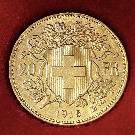 Moeda de Ouro de 20 Francos "Vreneli", Suíça - Ano: 1915B