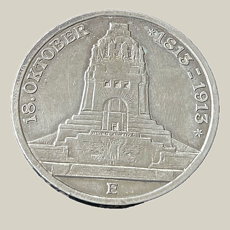 Moeda de prata, 3 Mark (1913E) – 100º Aniversário da Batalha de Leipzig – Reino da Saxônia