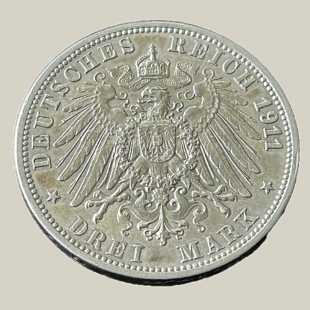 Moeda de prata, 3 Mark (1911F) – Bodas de Prata de Guilherme II e Augusta Vitória – Reino de Württemberg