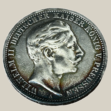 Moeda de prata, 3 Mark (1912A) – Guilherme II – Reino da Prússia