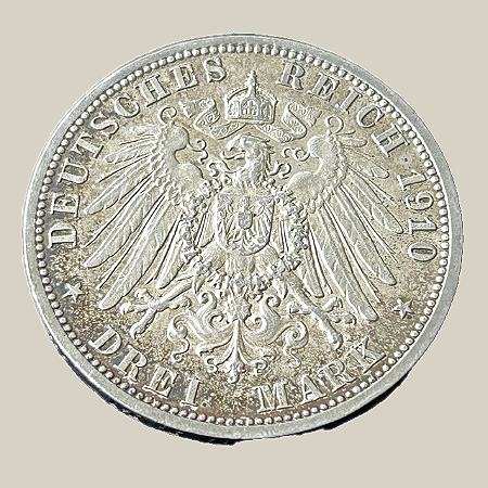Moeda de prata, 3 Mark (1910A) – Guilherme II – Reino da Prússia