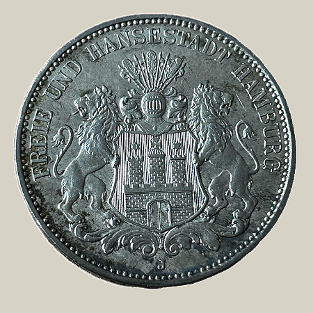 Moeda de prata, 3 Mark (1914J) – Cidade Livre e Hanseática de Hamburgo