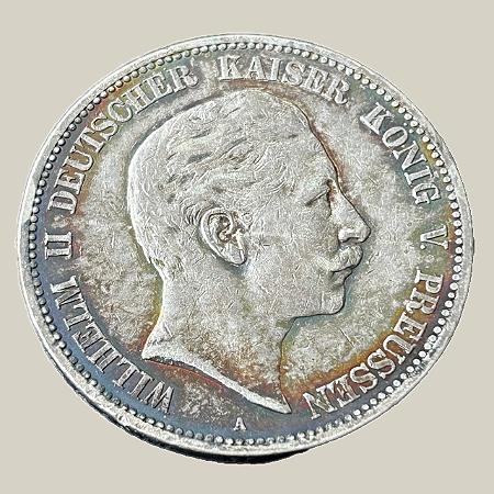 Moeda de prata, 5 Mark (1904A) – Guilherme II – Reino da Prússia