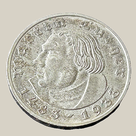 Moeda de prata, 2 Reichsmark (1933A) – 450 Anos do Nascimento de Martinho Lutero – Alemanha