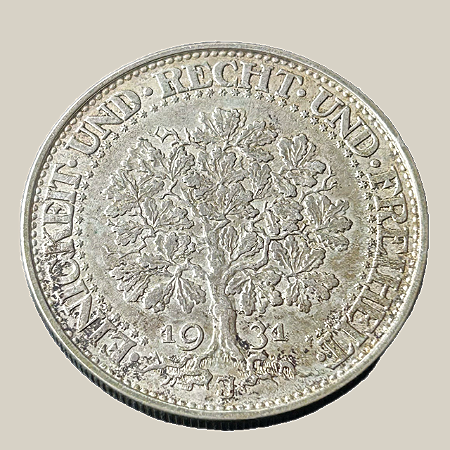 Moeda de prata, 5 Reichsmark (1931J) – Carvalho – República de Weimar