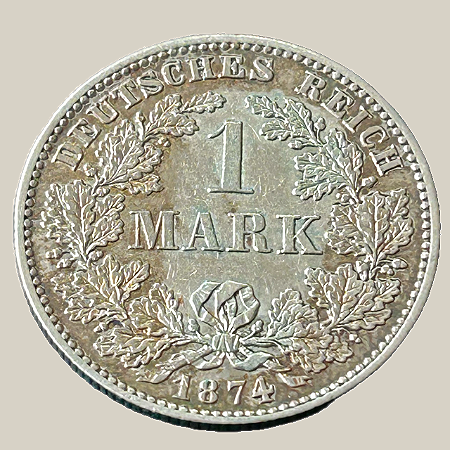 Moeda de prata, 1 Mark (1874F) – Guilherme I – Tipo 1 – Escudo Grande / Águia Pequena – Império Alemão