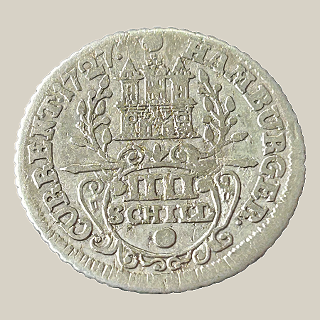 Moeda de prata, 4 Schilling (1727 IHL) – Cidade Livre Hanseática de Hamburgo