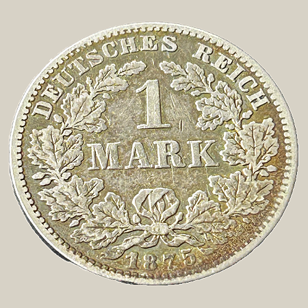Moeda de prata, 1 Mark (1875G) – Guilherme I – Tipo 1 – Escudo Grande / Águia Pequena – Império Alemão
