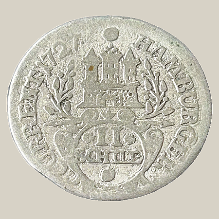 Moeda de prata, 2 Schilling (1727 IHL) – Cidade Livre Hanseática de Hamburgo