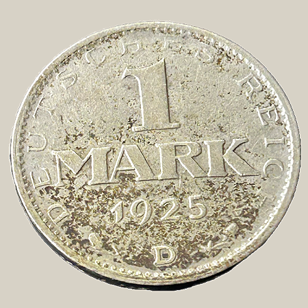 Moeda de prata, 1 Mark (1925D) – República de Weimar – Alemanha