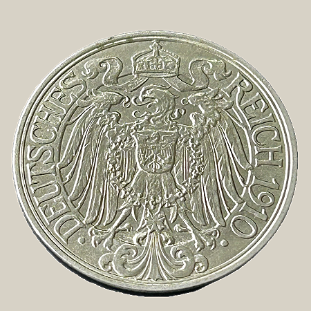 Moeda de níquel, 25 Pfennigs (1910A) – Wilhelm II – Império Alemão