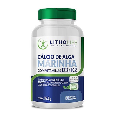 Suplemento de Cálcio de Alga Marinha, rico em Vitaminas D3 E K2