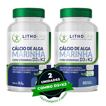 Suplemento de Cálcio de Alga Marinha, rico em Vitaminas D3 E K2 (1º combo - 2 unidades)