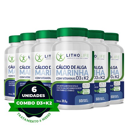 Suplemento de Cálcio de Alga Marinha, rico em Vitaminas D3 E K2 (3º combo - 6 unidades)