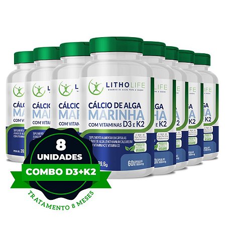 Suplemento de Cálcio de Alga Marinha, rico em Vitaminas D3 E K2 (4º combo - 8 unidades)