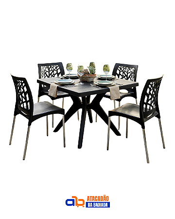 Jogo de Cadeiras Nature ( 4 Cadeiras Nature Preta + 1 Mesa Quadrada Nature)