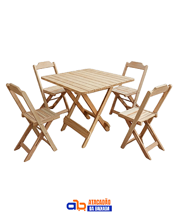 Jogo de Madeira Crua (1 Mesa Quadrada + 4 cadeiras)