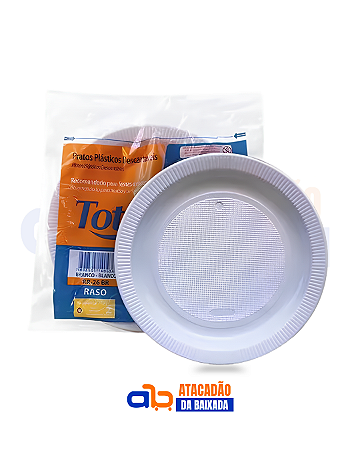 Prato Plástico Raso 21cm PS Totalplast - c/ 10 Pratos